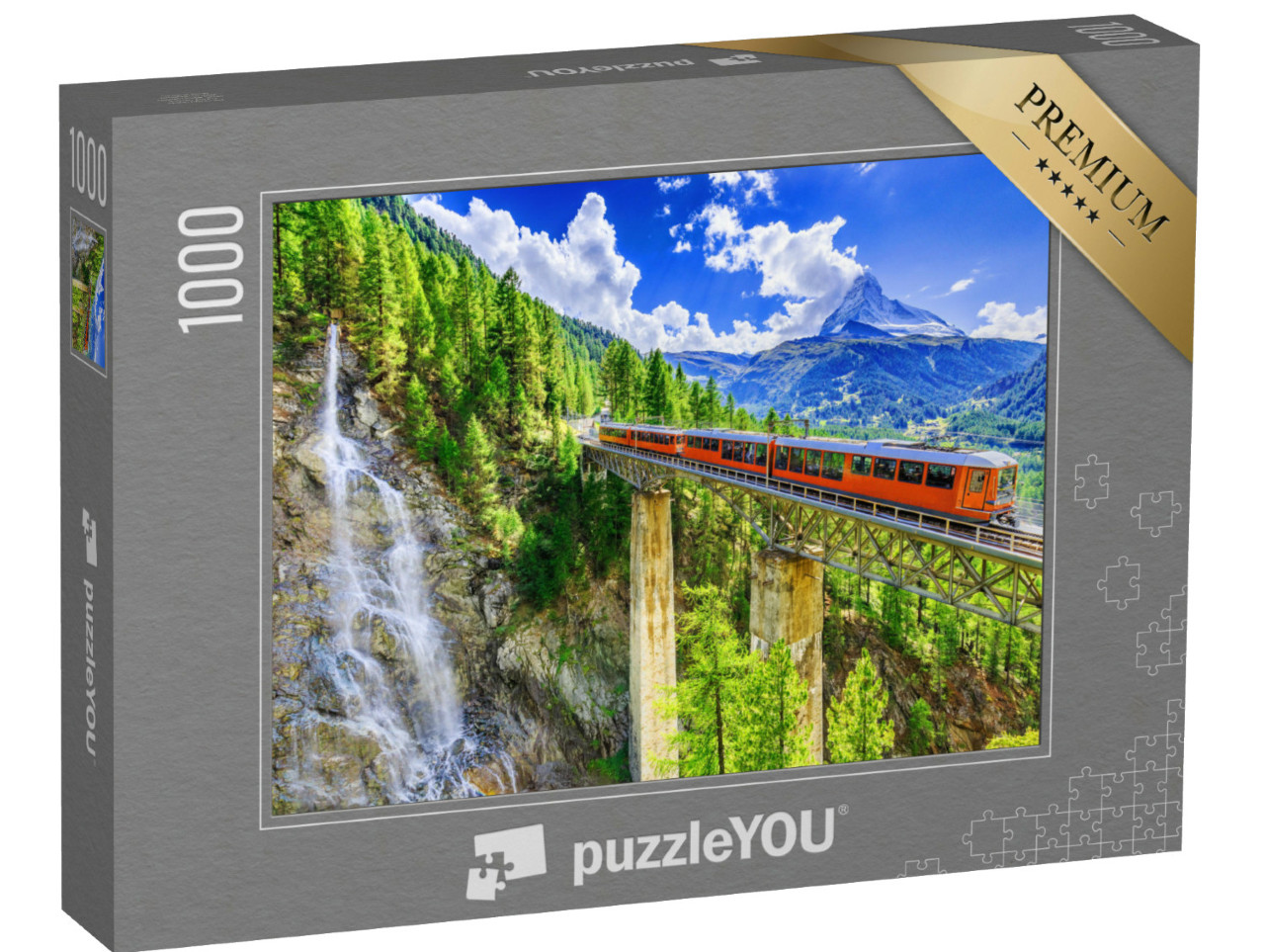 Puzzel 1000 stukjes „Gornergrat met waterval, brug en Matterhorn, Zermatt, Wallis, Zwitserland“