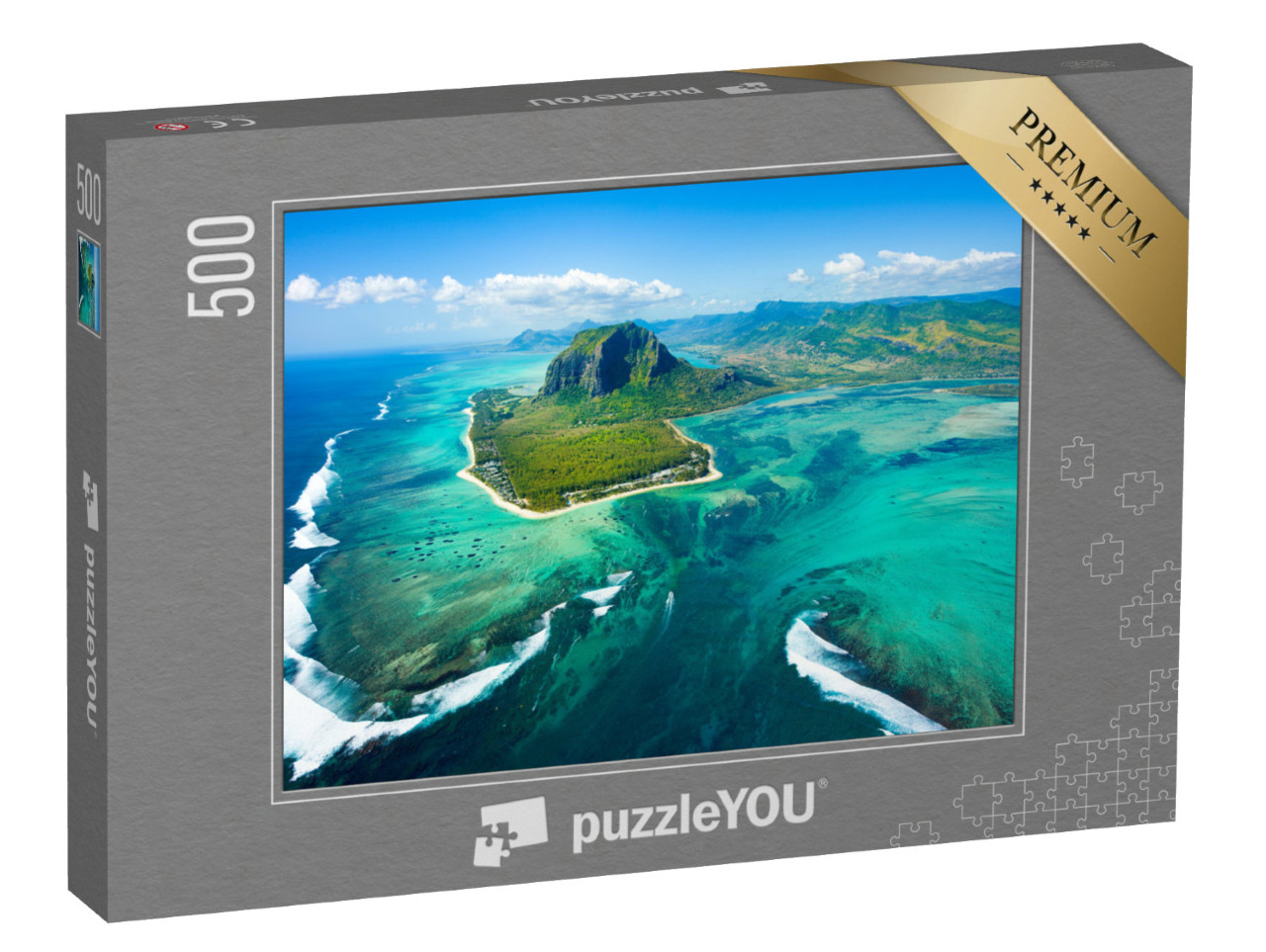 Puzzel 500 stukjes „Indrukwekkende luchtfoto van het eilandpanorama en de onderwaterwaterwaterval van Mauritius“