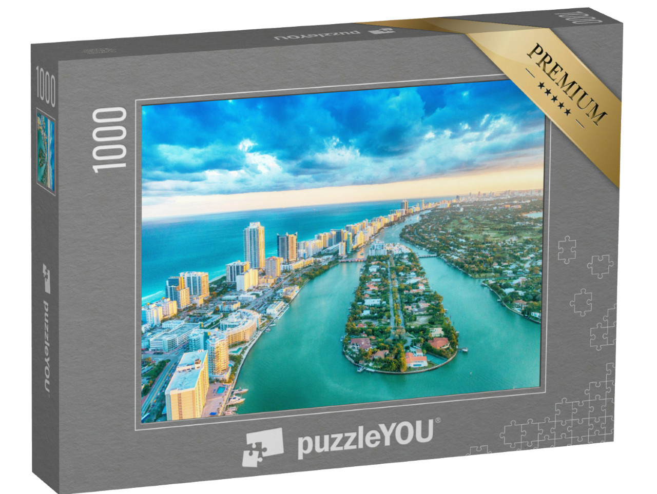 Puzzel 1000 stukjes „Miami Beach, prachtige luchtfoto van gebouwen, rivier en vegetatie“