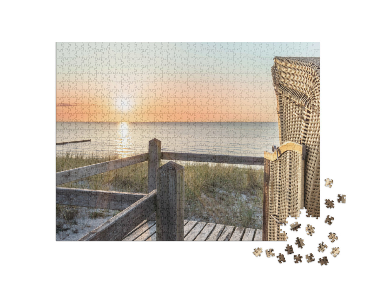 Puzzel 1000 stukjes „Zonsondergang en strandstoel op het strand van de Oostzee“