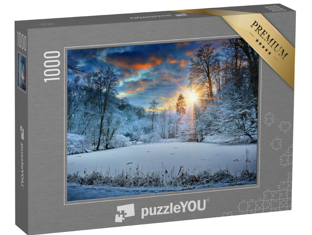 Puzzel 1000 stukjes „Zonsondergang over het winterbosmeer“