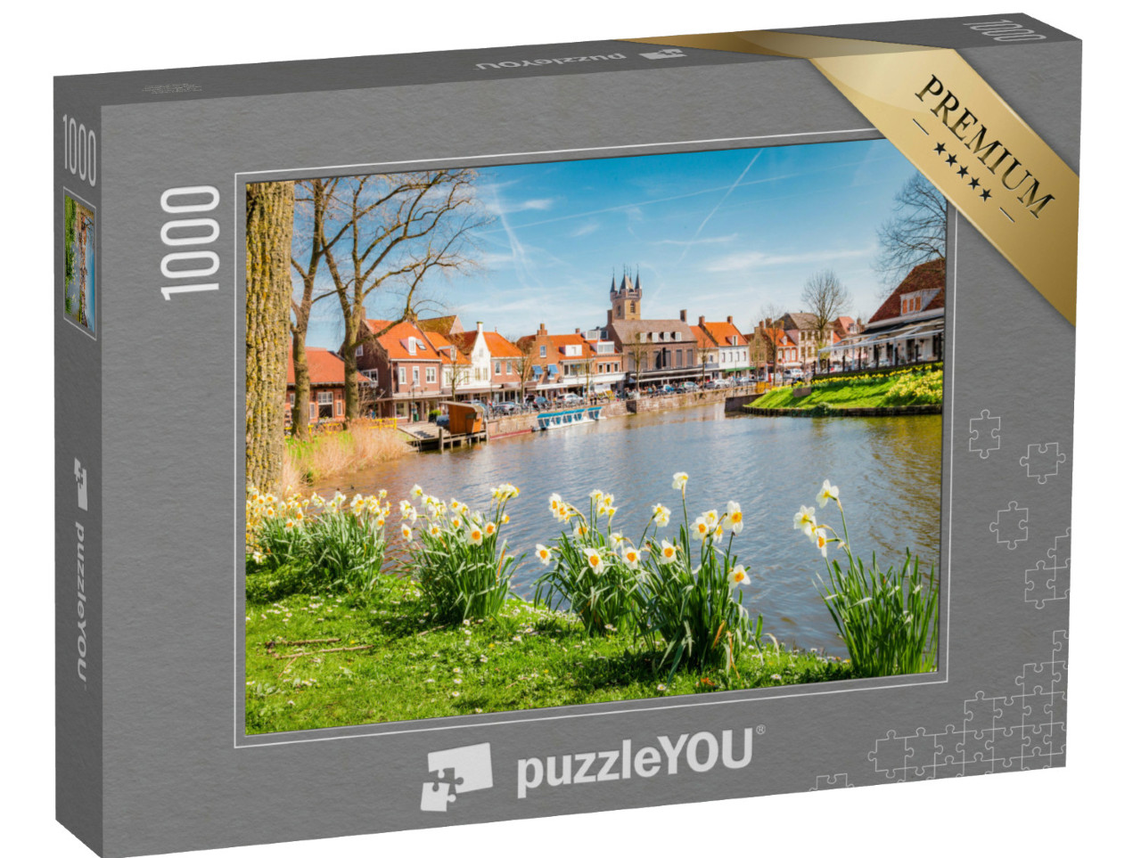 Puzzel 1000 stukjes „Uitzicht op de historische stad Sluis op een zonnige lentedag“