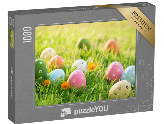 Puzzel 1000 stukjes „Kleurrijk beschilderde paaseieren in het gras“