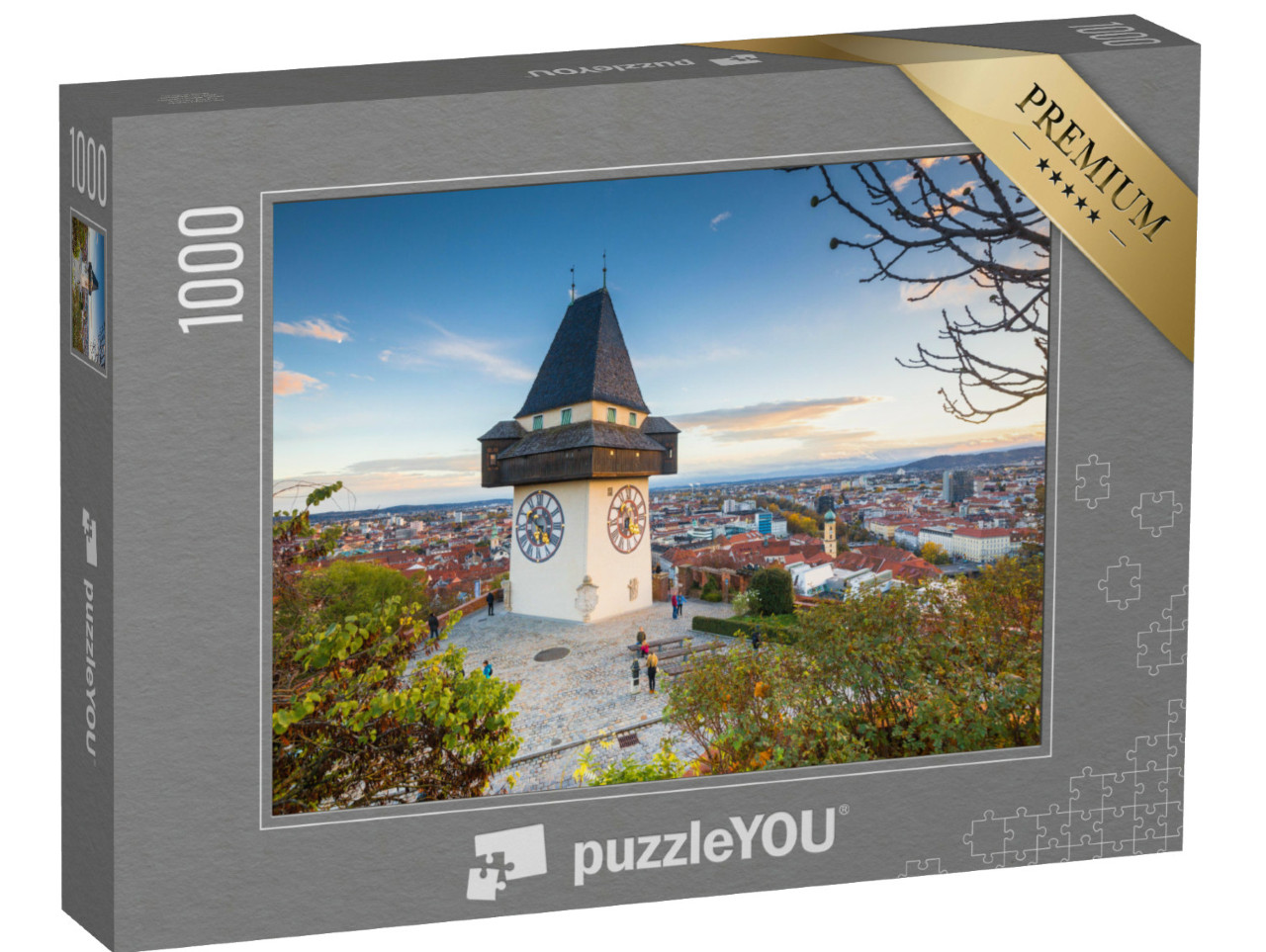 Puzzel 1000 stukjes „Klassiek panorama: Graz met klokkentoren bij zonsondergang, Stiermarken“
