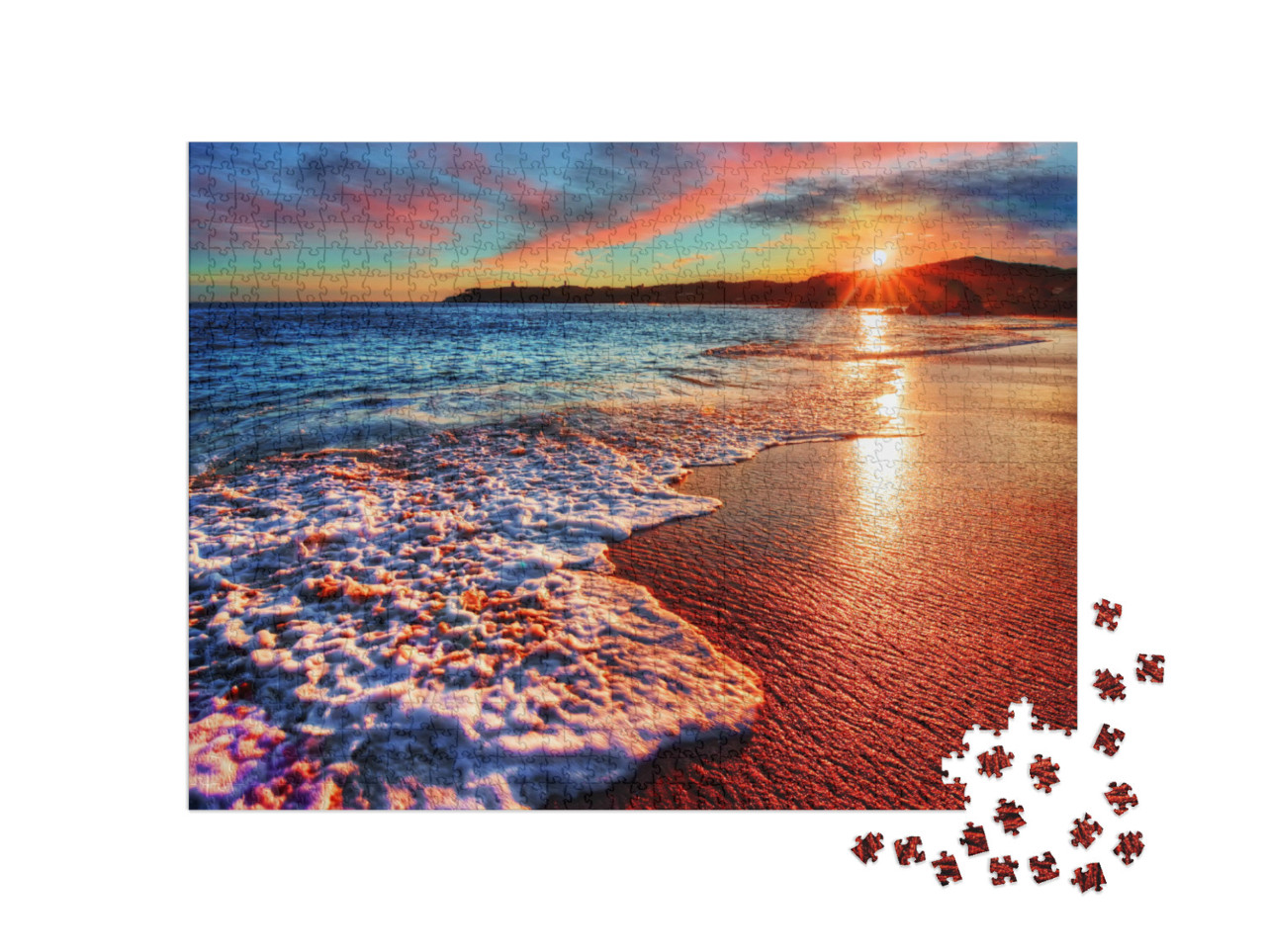Puzzel 1000 stukjes „Zonsopgang op een kleurrijk strand met heldere zee en roze wolken“