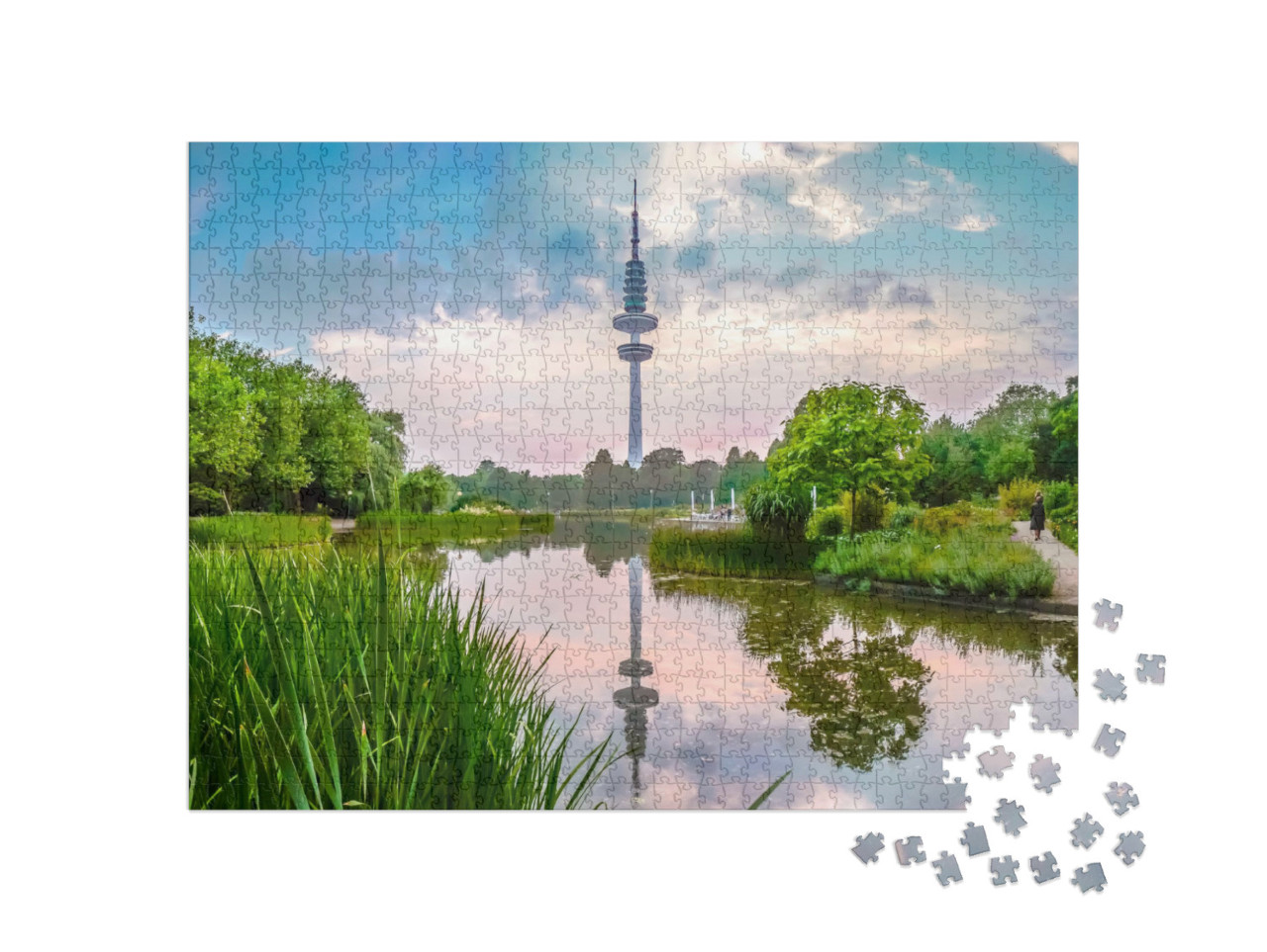 Puzzel 1000 stukjes „Planten um Blomen Park met de Heinrich Hertz toren, Hamburg“