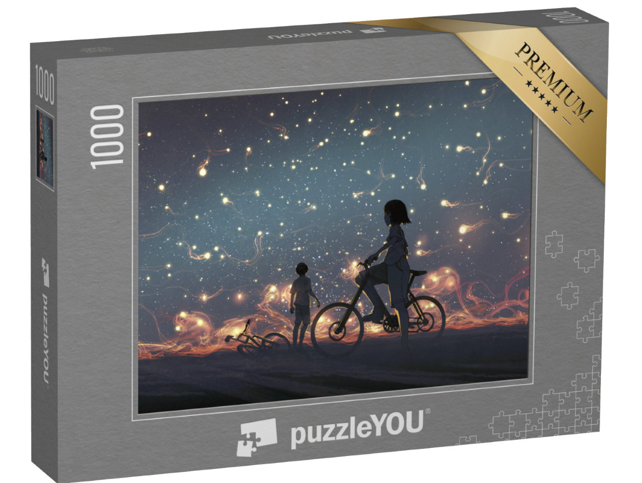 Puzzel 1000 stukjes „Jong stel, uitzicht op mysterieuze lichten in de nachtelijke hemel“