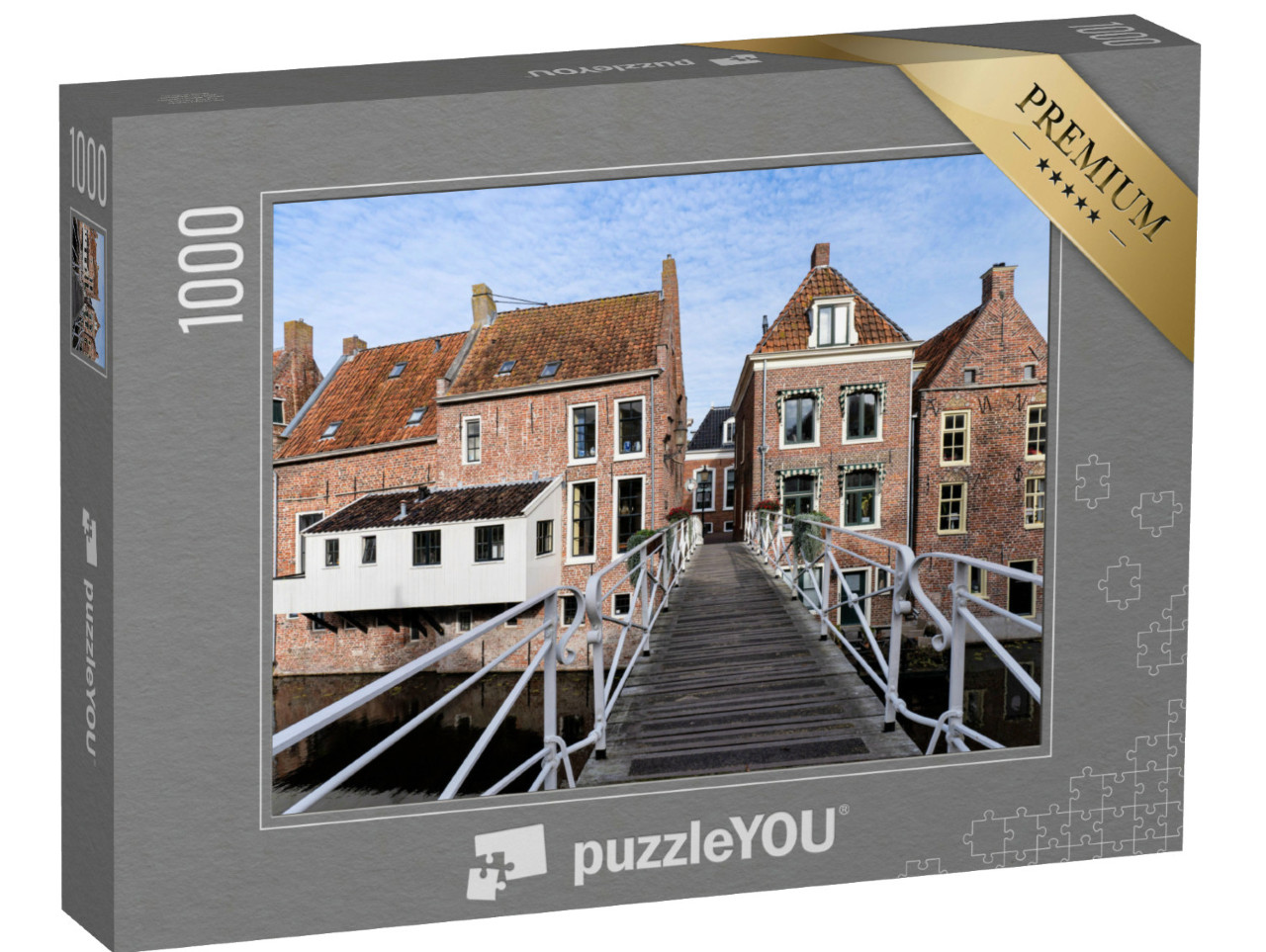 Puzzel 1000 stukjes „Hangende keukens boven het Damsterdiep in Appingedam, Nederland“