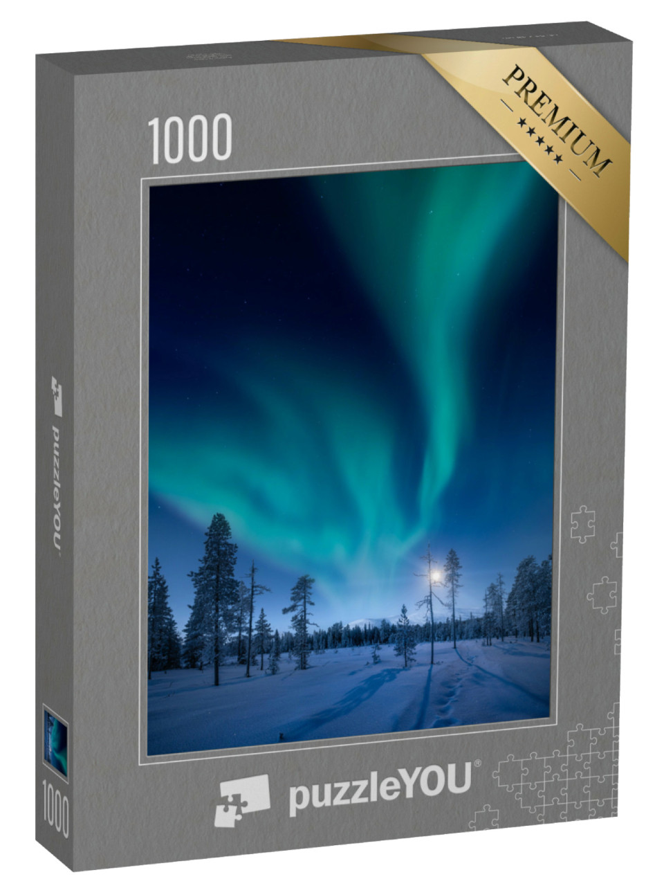 Puzzel 1000 stukjes „Maan en noorderlicht in Finland, de Pallas-rotsen op de achtergrond“
