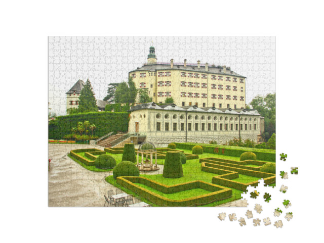 Puzzel 1000 stukjes „Kasteel Ambras met tuin, bezienswaardigheid van Innsbruck, Oostenrijk“