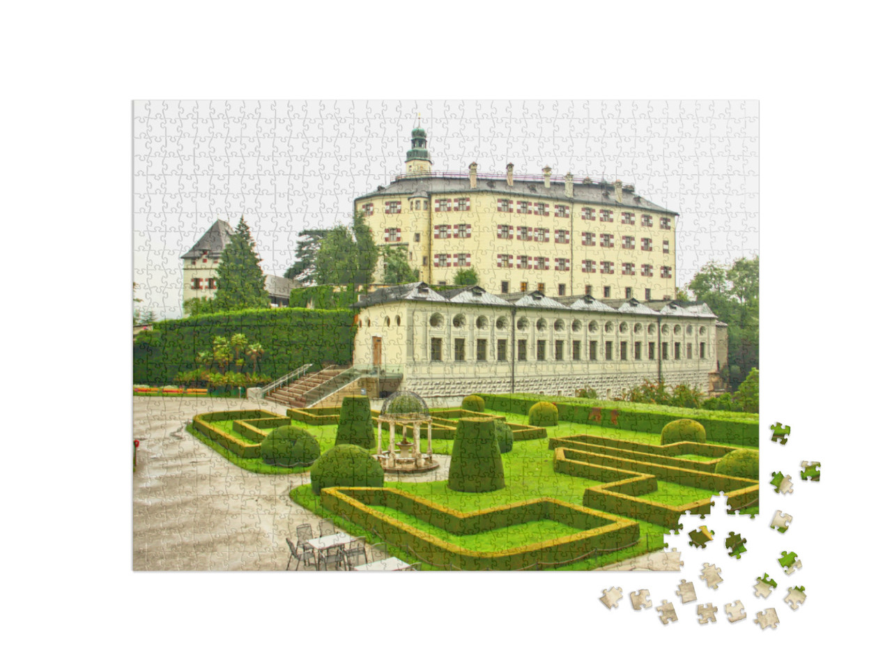 Puzzel 1000 stukjes „Kasteel Ambras met tuin, bezienswaardigheid van Innsbruck, Oostenrijk“