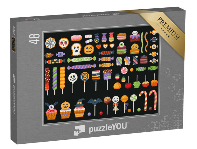 Puzzel 48 stukjes „Snoep, zuurstokken en lolly's met Halloween“