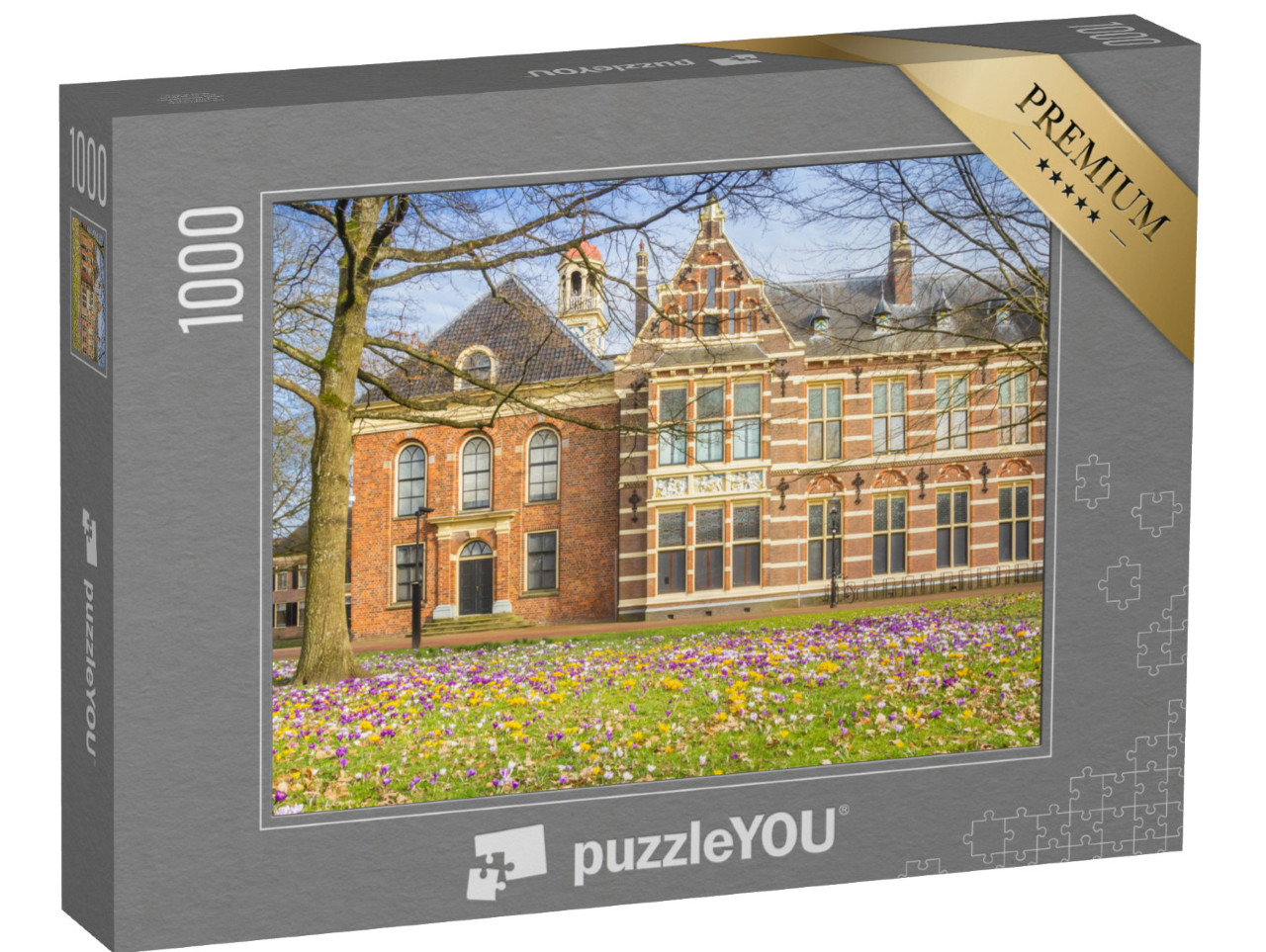 Puzzel 1000 stukjes „Kleurrijke witte en paarse krokussen op het Brinkplein in Assen, Nederland“