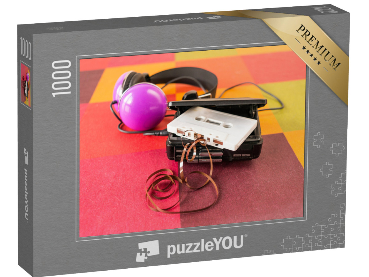 Puzzel 1000 stukjes „Retro walkman, koptelefoon en cassette met uitgetrokken bandje“