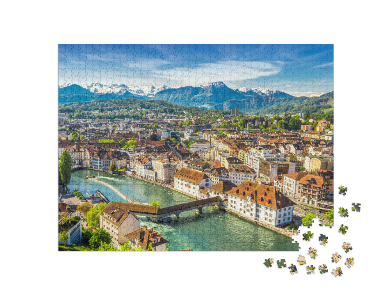 Puzzel 1000 stukjes „Uitzicht op de berg Pilatus en het historische stadscentrum van Luzern, Zwitserland“