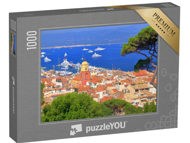 Puzzel 1000 stukjes „Luchtfoto: oude stad Saint-Tropez met boten op de achtergrond, Frankrijk“