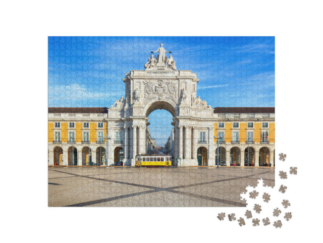 Puzzel 1000 stukjes „Praca do Comercio met gele tram, Lissabon, Portugal“