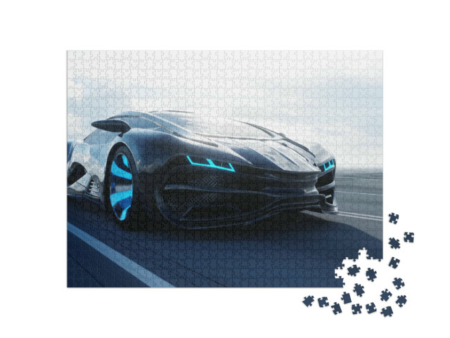 Puzzel 1000 stukjes „Futuristische elektrische auto racet door de woestijn“