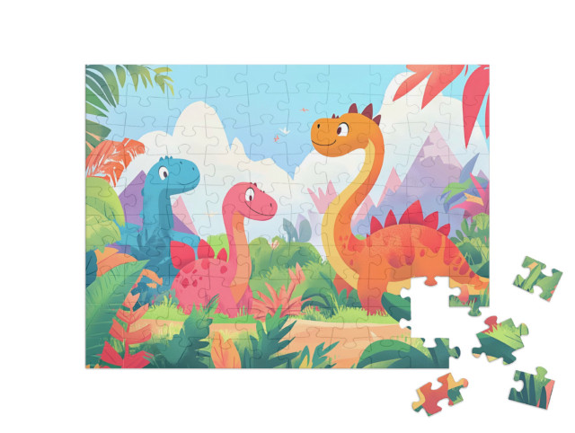 Puzzel 100 stukjes „Vrolijke dino's op ontdekkingstocht“
