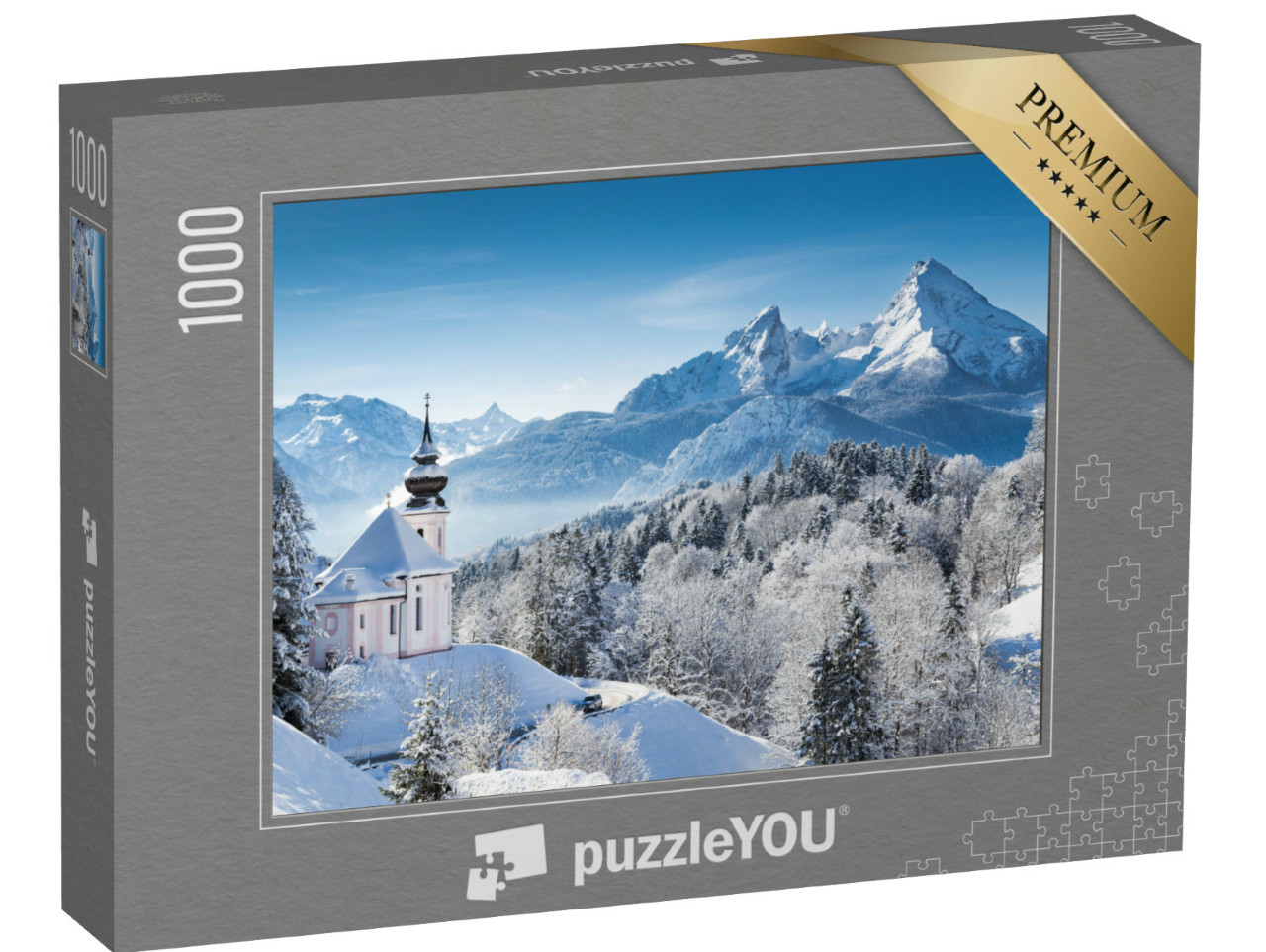 Puzzel 1000 stukjes „Bedevaartskerk en Watzmann piek in de winter, Berchtesgadener Land, Duitsland“
