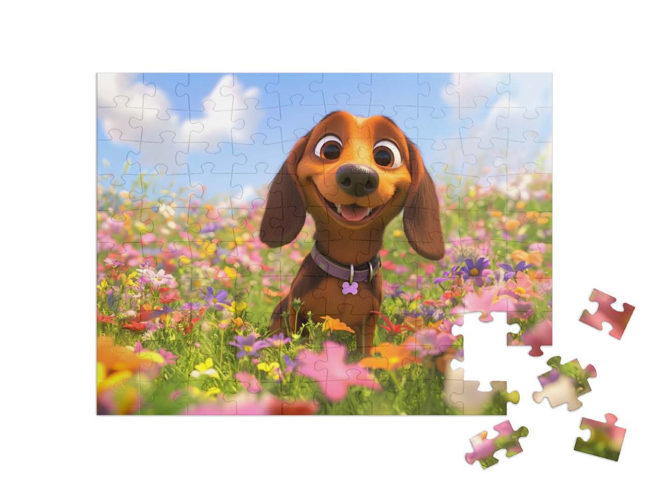 Puzzel 100 stukjes „Waldi de teckel verheugt zich door de bloemenvelden“