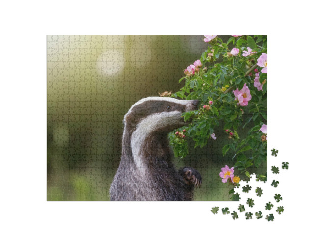Puzzel 1000 stukjes „Das die op zijn achterpoten staat en aan een wilde rozenbloesem snuffelt“