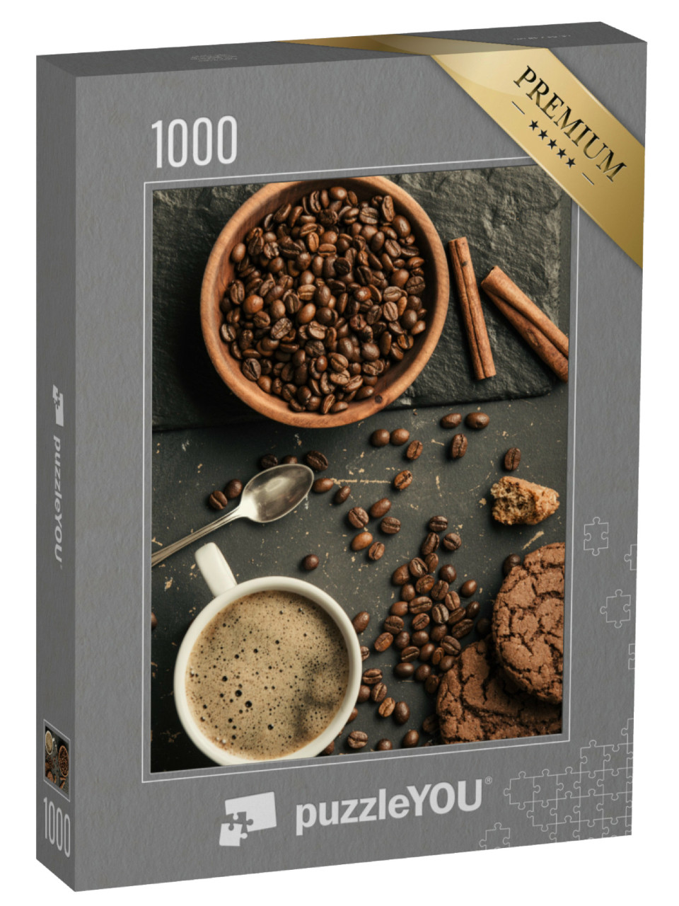 Puzzel 1000 stukjes „Ensemble van gebrande koffiebonen, koffie en koekjes“