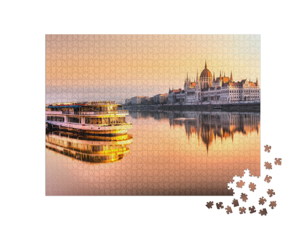 Puzzel 1000 stukjes „Zicht op het parlement van Boedapest bij zonsopgang, Hongarije“