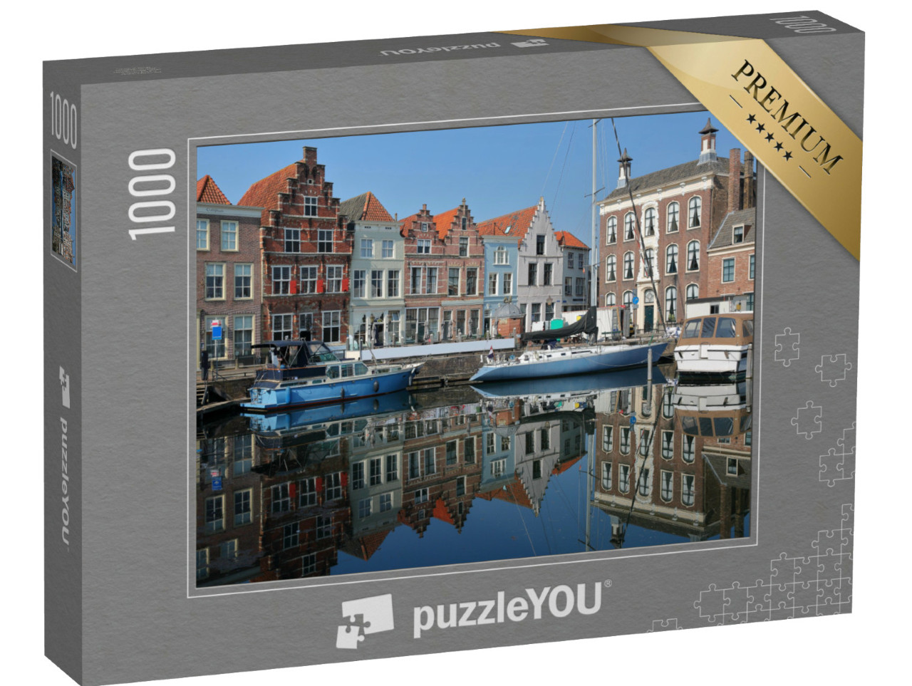 Puzzel 1000 stukjes „Middeleeuwse huizen en zeilboten in de haven van Goes, Zeeland“