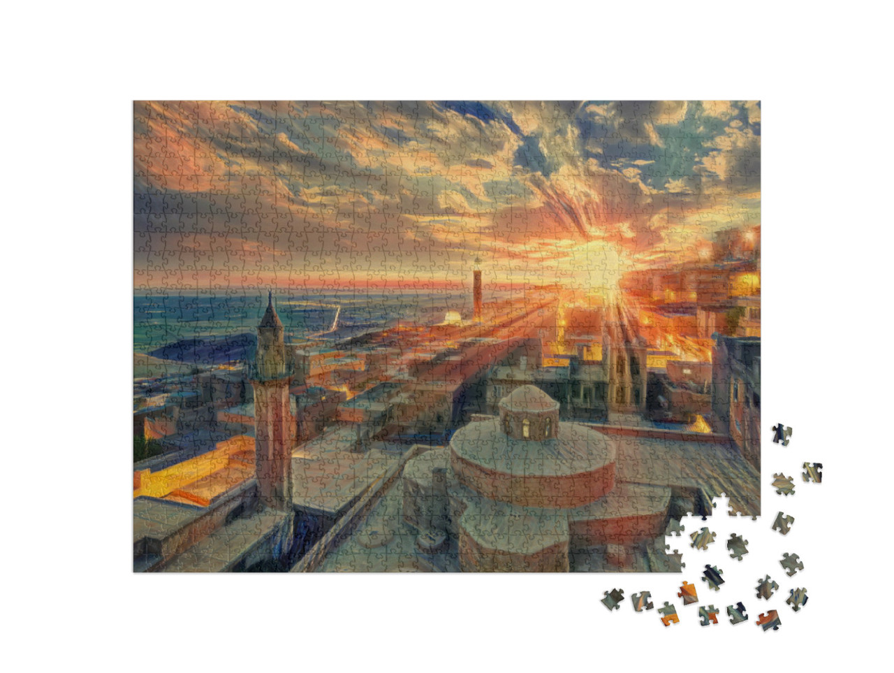 Puzzel 1000 stukjes „in de stijl van Edvard Munch, De schreeuw - Oude stad bij zonsondergang - Mardin, Turkije“