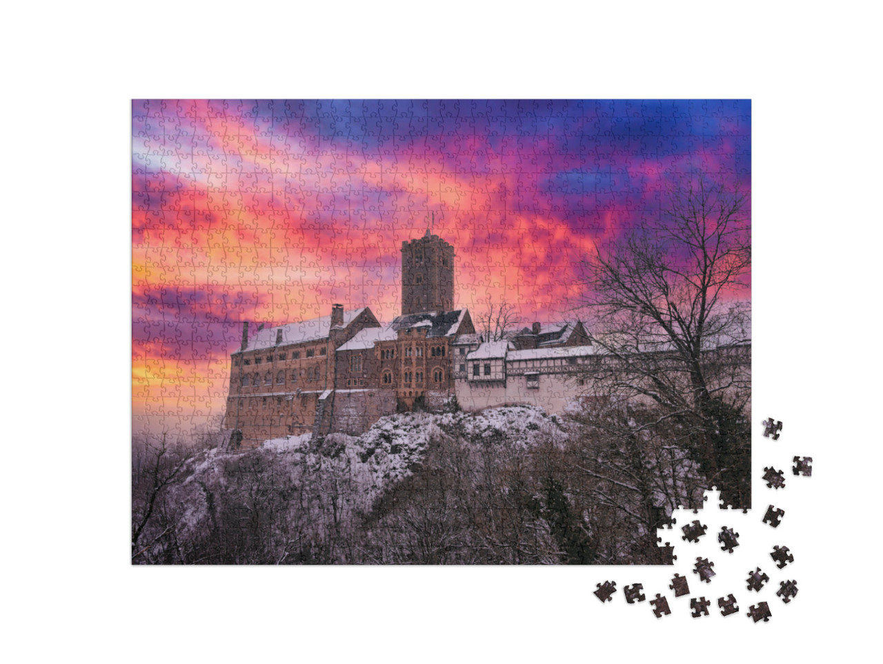 Puzzel 1000 stukjes „Kasteel Wartburg in het Thüringer Woud bij Eisenach in de stralende zonsondergang“