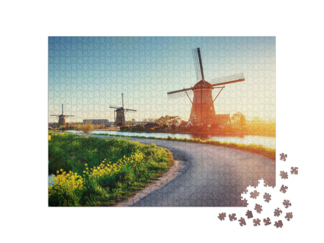 Puzzel 1000 stukjes „Kanaal bij Rotterdam met Nederlandse windmolens“