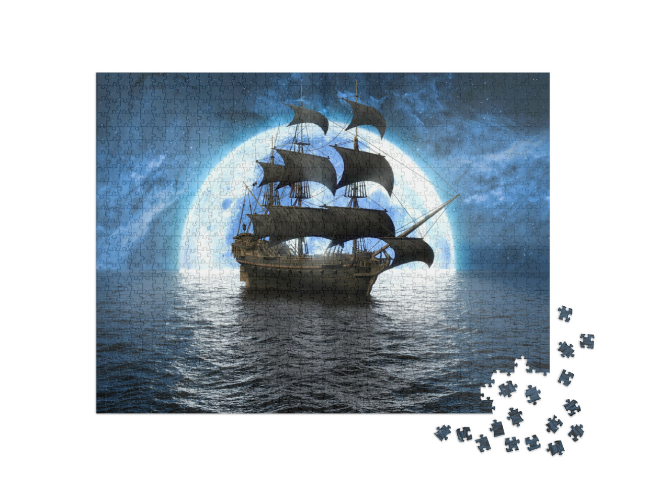 Puzzel 1000 stukjes „Illustratie: Zeilschip op volle zee voor een enorme volle maan“