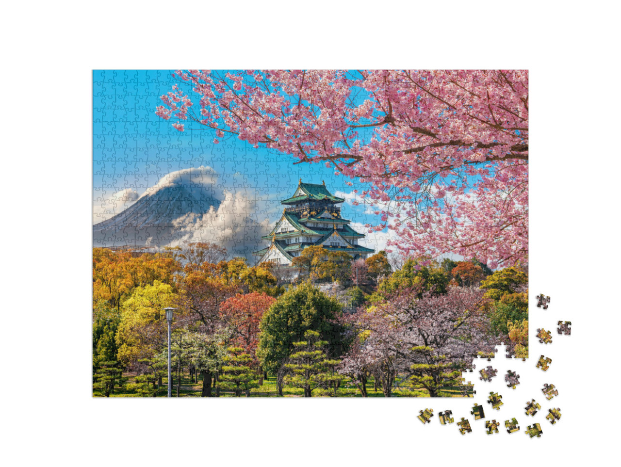 Puzzel 1000 stukjes „Kersenbloesem bij het kasteel van Osaka en de berg Fuji, Japan“