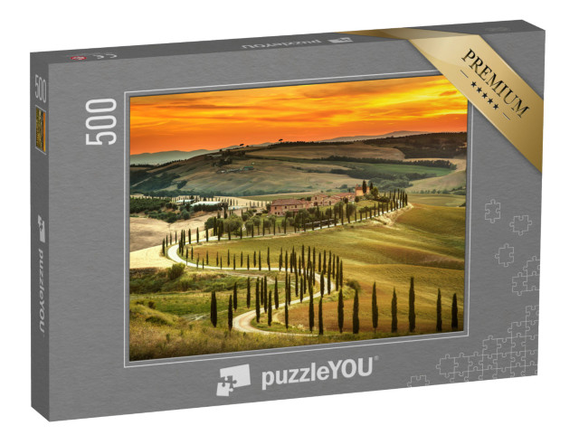 Puzzel 500 stukjes „Zonsondergang over het landschap van Toscane, Italië“