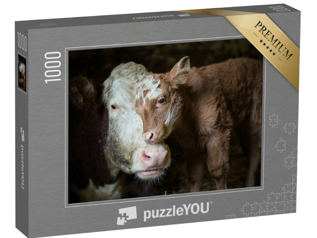 Puzzel 1000 stukjes „Koe en kalf knuffelen in de stal“