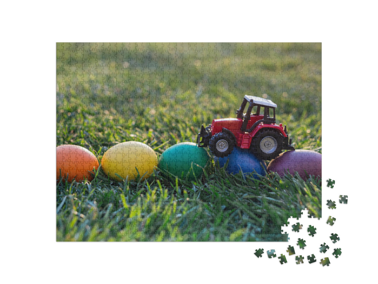 Puzzel 1000 stukjes „Rode speelgoedtractor op kleurrijke paaseieren“