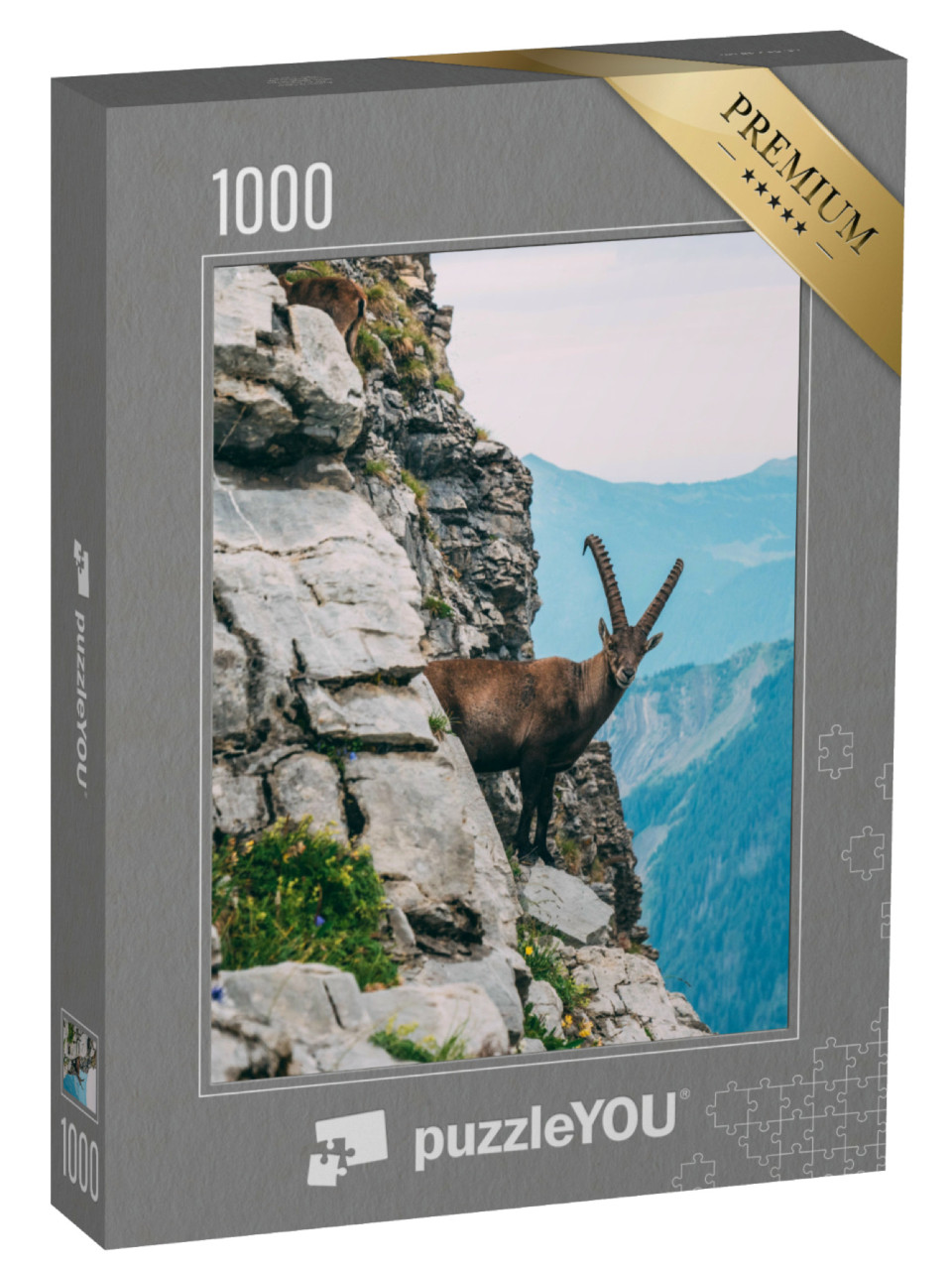 Puzzel 1000 stukjes „Alpensteenbok in het berglandschap op een steile rots“