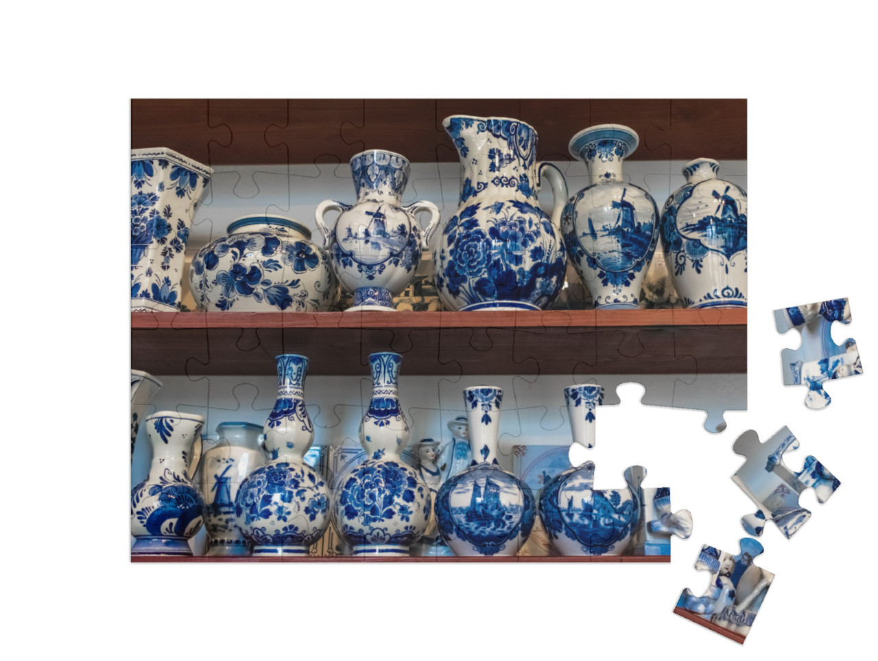 Puzzel 48 stukjes „Traditionele Delftsblauwe porseleinen vazen, in een winkel in Delft“