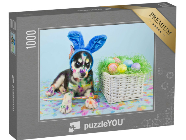 Puzzel 1000 stukjes „Een husky puppy met blauwe paashaasoren die eieren schildert“