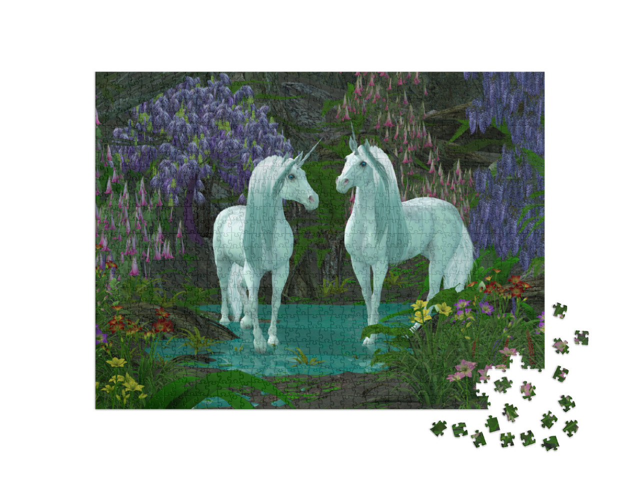 Puzzel 1000 stukjes „Twee eenhoorns bij een beekje met bosbloemen“