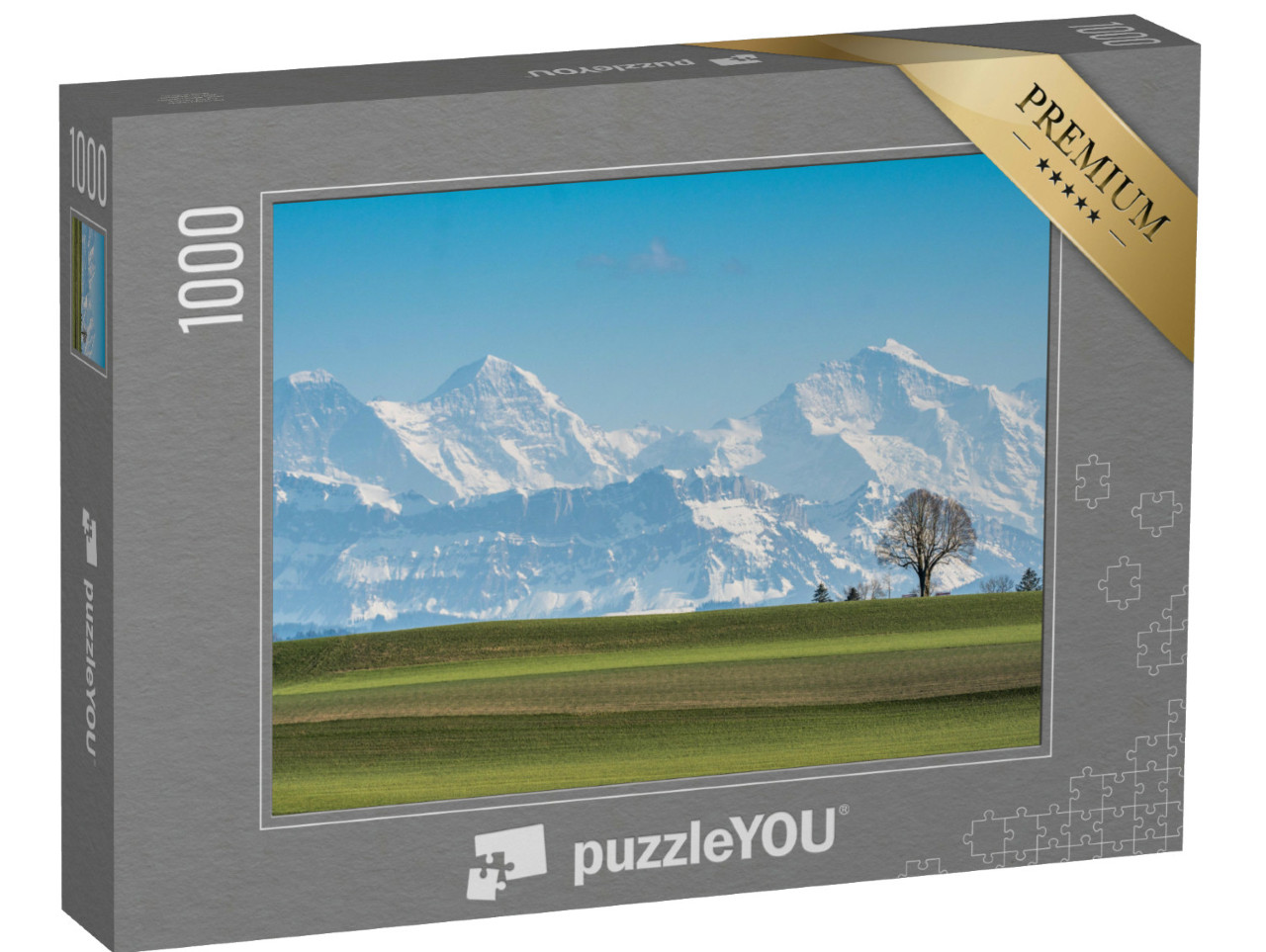 Puzzel 1000 stukjes „Boom voor de Eiger, Mönch en Jungfrau op een mooie lentedag“