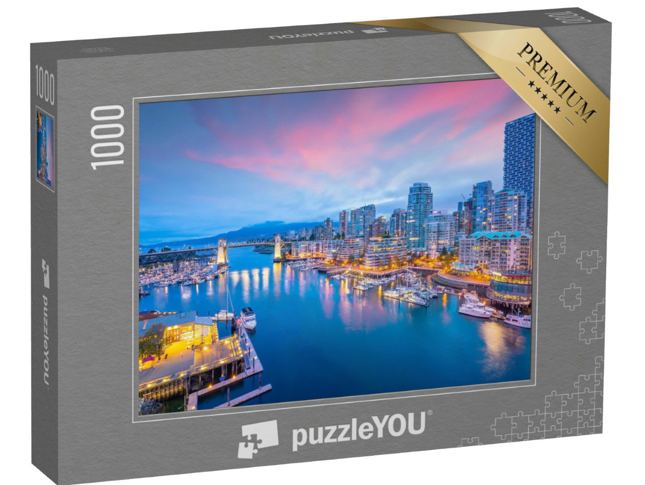 Puzzel 1000 stukjes „Uitzicht op de skyline van Vancouver bij zonsondergang“