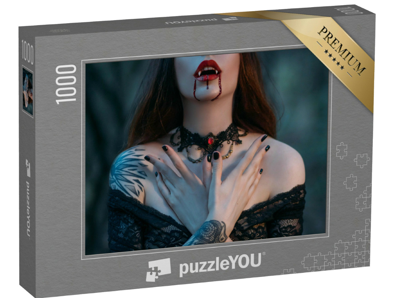 Puzzel 1000 stukjes „Close-up van een vampiervrouw met bloed“