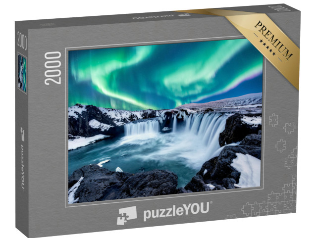 Puzzel 2000 stukjes „Noorderlicht boven Godafoss, waterval in IJsland“