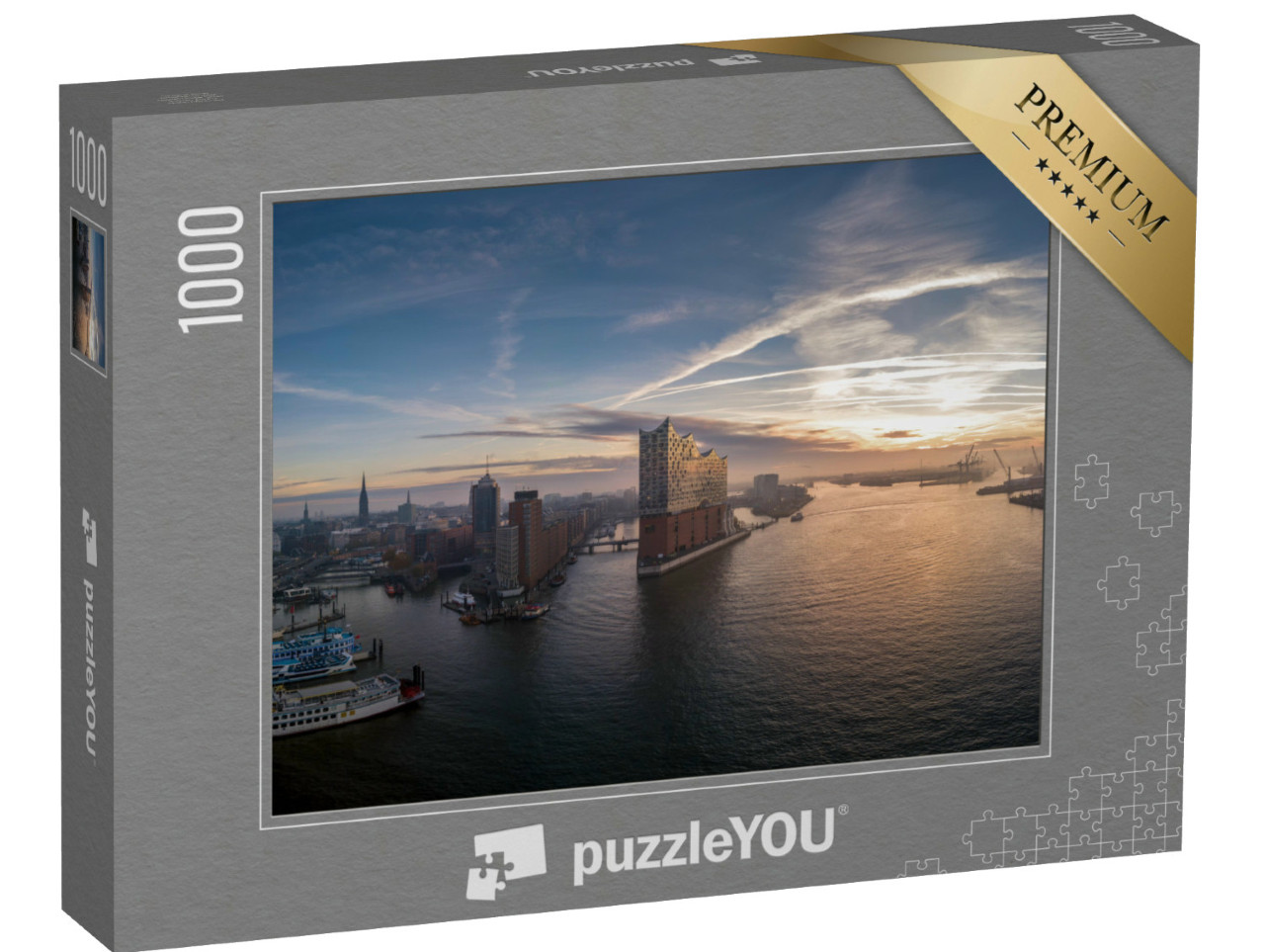 Puzzel 1000 stukjes „De haven van Hamburg met een prachtige zonsopgang“