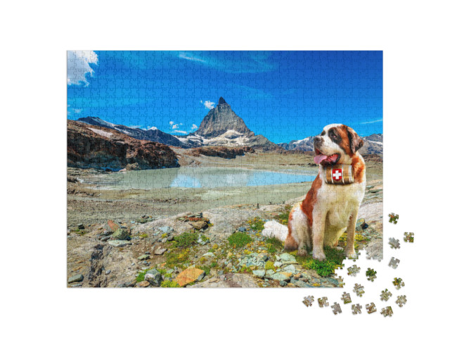 Puzzel 1000 stukjes „Sint Bernard reddingshond met schnapsvat voor de Alpen, Zermatt“