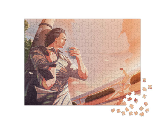 Puzzel 1000 stukjes „Een man in anime stijl: Lunchpauze van kantoor“
