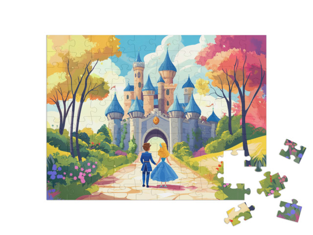 Puzzel 100 stukjes „Prins en prinses rennen naar hun sprookjeskasteel“