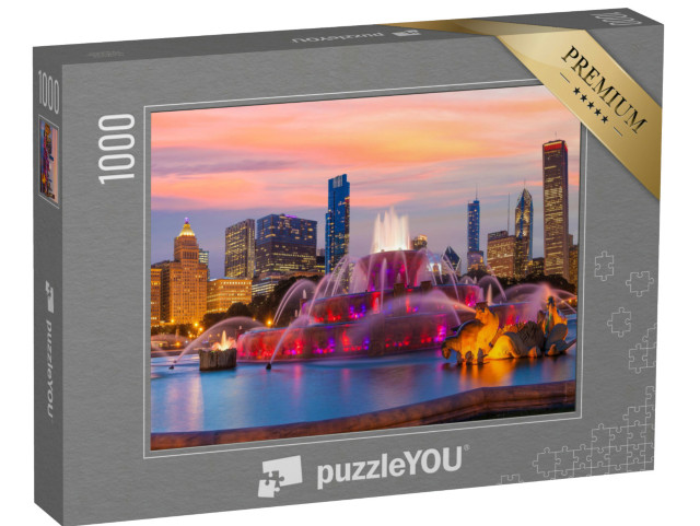 Puzzel 1000 stukjes „Panorama van de skyline van Chicago met wolkenkrabbers en Buckingham Fountain“